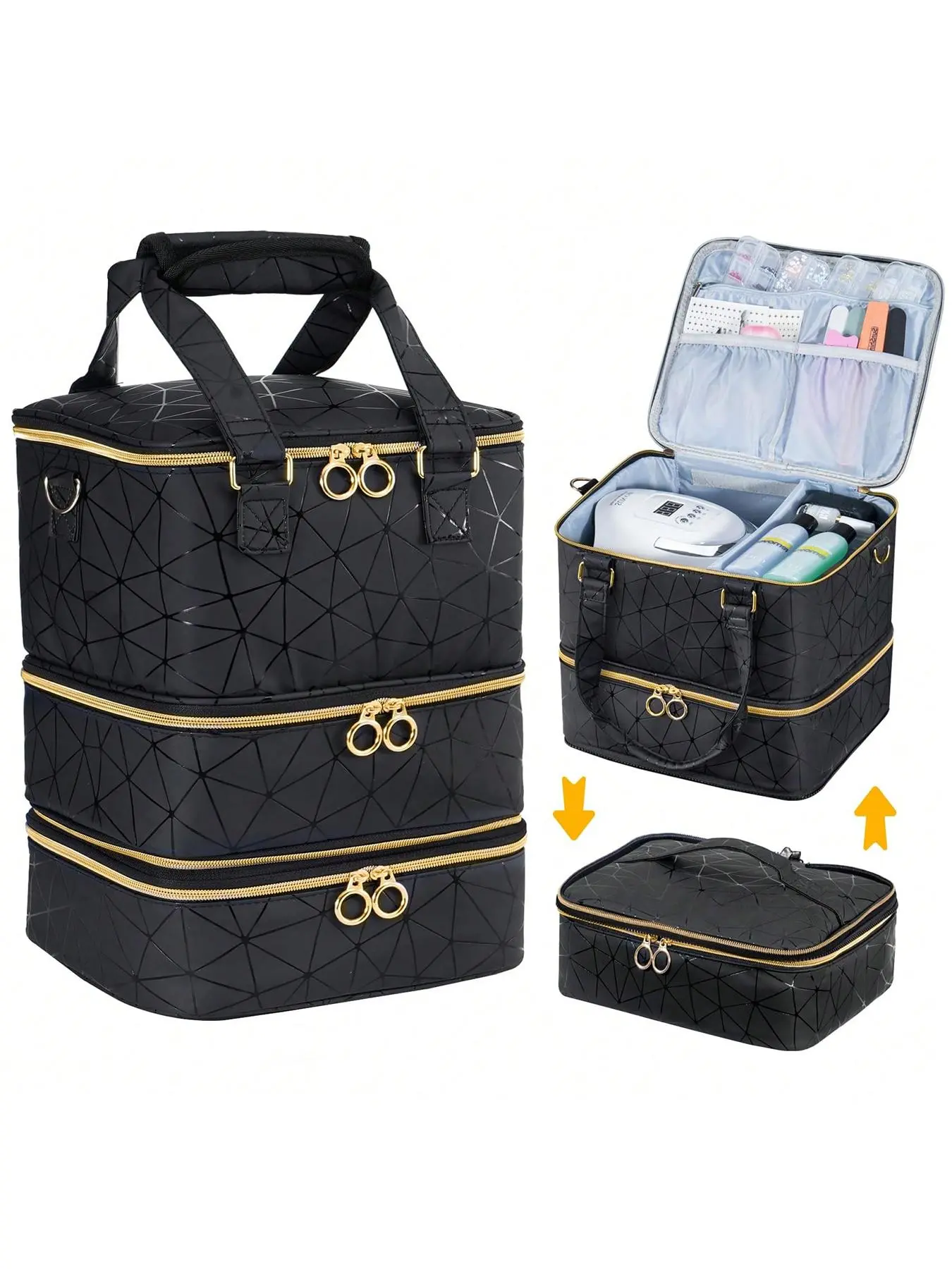 Nail Polish Organizer Bag–3-Layer–Holds 60 Bottles–Nail Organizers and Storage Bag with Detachable Bottom Section–Nail Polish Storage with Luggage Strap & Card Slot, 3-Layer Nail Kit Bag with Compartments for Nail Supplies, UV Lamp, Nail Tech Organizers