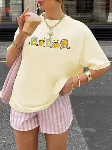 Lemon Print Casual Fitted Knit Fabric T-Shirt for Women, Short Sleeve Round Neck Top, Summer & Spring Wear, Comfortable Daily Everyday