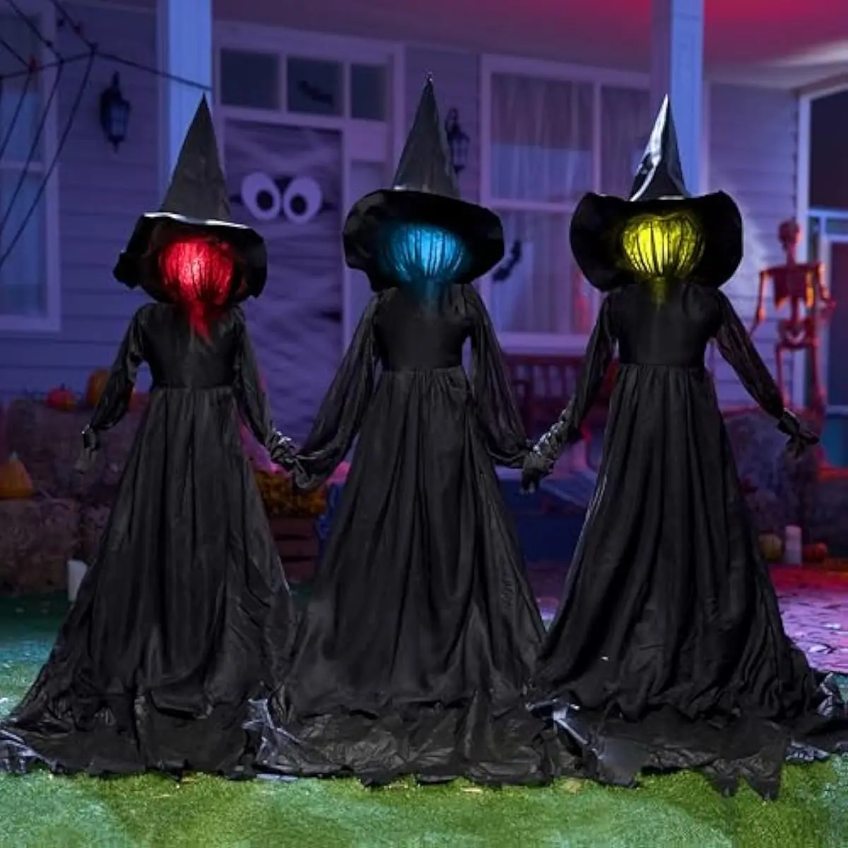 Halloween Witch Decorations Outdoor Yard Stakes 3 Pack, 4.2 FT Multicolored Light Up Scary Flying Witch with Sound Activation, for Halloween Graveyard Lawn Yard Garden Decorations