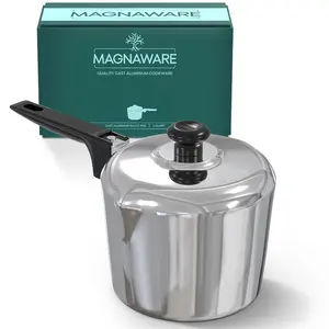 MAGNAWARE 3 Quart Cast Aluminum Sauce Pan with Lid - Polished Silver Finish, Oven Safe, Superior Heat Distribution,