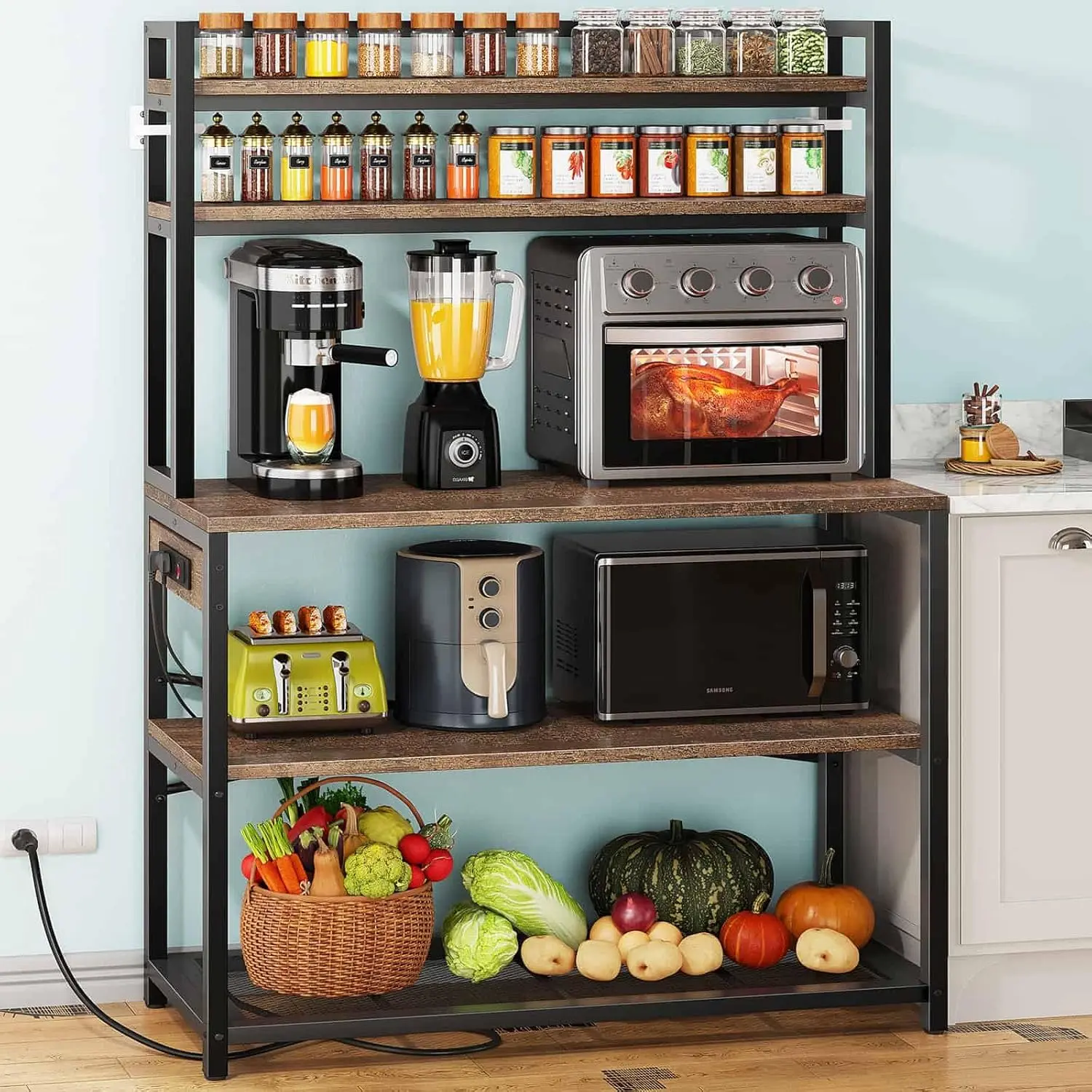 Large Bakers Rack with Power Outlets, 5-Tier Microwave Stand with Storage, Coffee Bar Stand, Industrial Kitchen Shelf Rack, 38 x 15.7 x 66.9 Inches, Rustic Brown