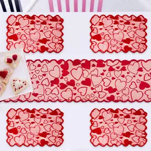 5 piece set Valentine's Day heart-shaped red lace table runner placemat set home decoration anniversary party home romantic decorative tablecloth for wedding and Valentine's Day decorations.