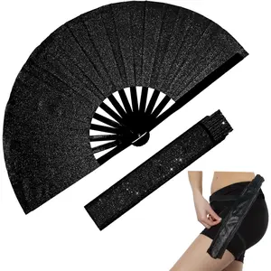 Large Folding Glitter Rave Fan,Clack Handheld Fan with  Strap and Fabric Case Bag,for Line Dancing,Festivals,Carnival,Rainbow Outfits,Disco Party, Decoration and Many Occasions.Black