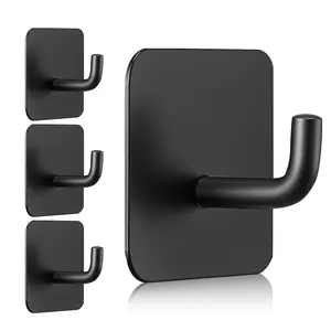 VEVOR Adhesive Hooks, 4 Pack Self-Adhesive Towel Coat Hooks, Heavy-Duty Wall Hook Hold 15 lbs (Max), Stainless Steel Sticky Hanger, for Bathroom, Kitchen, Hanging Towel, Coat & Keys (Matte Black)