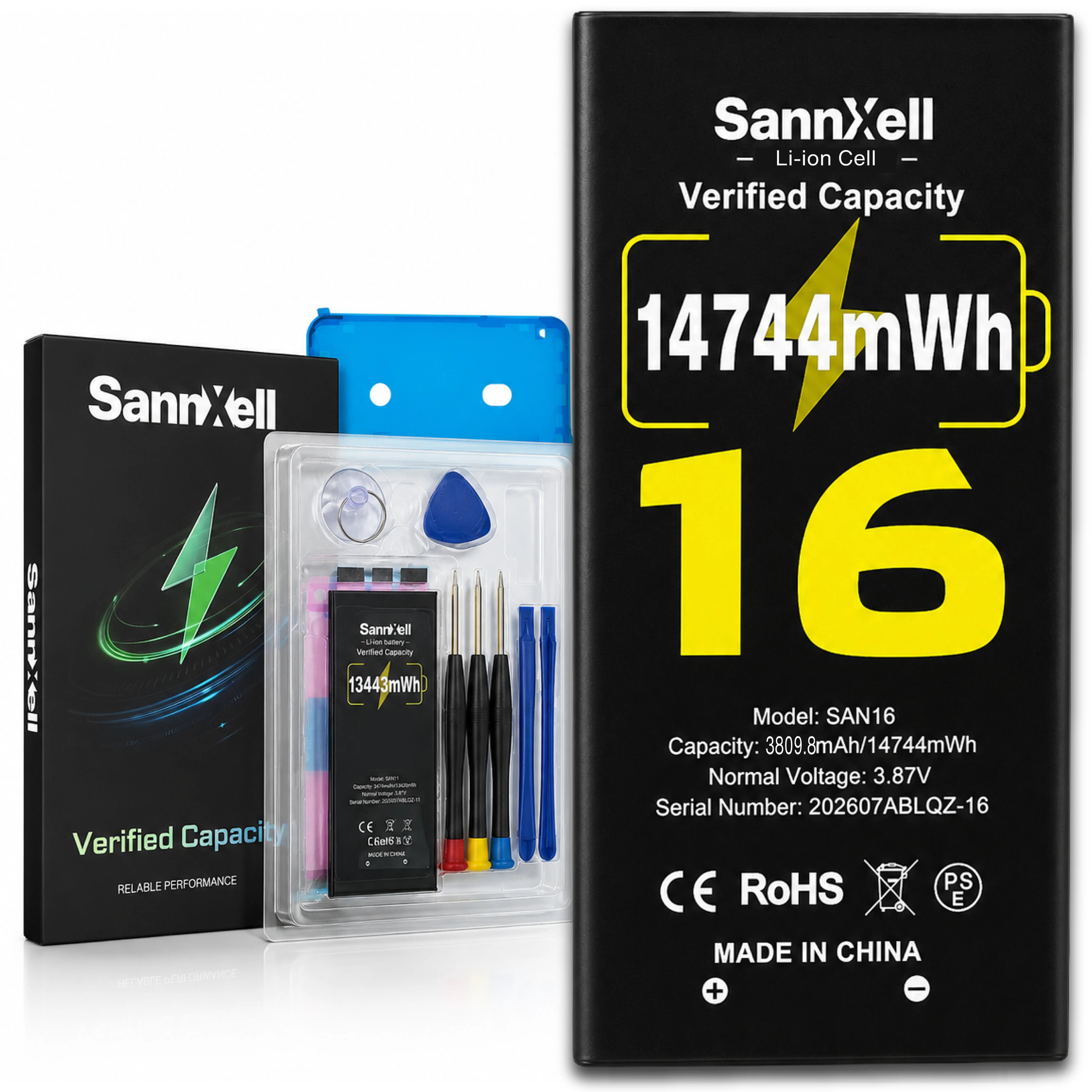 Sannxell Upgraded High-Capacity Replacement Li-ion Battery Accessories for iPhone 16, 14744mWh 0-Cycle Battery for A3081 A3286 A3287 A3288 Models, Full Repair Tool Kit, Aluminium Audio Connector
