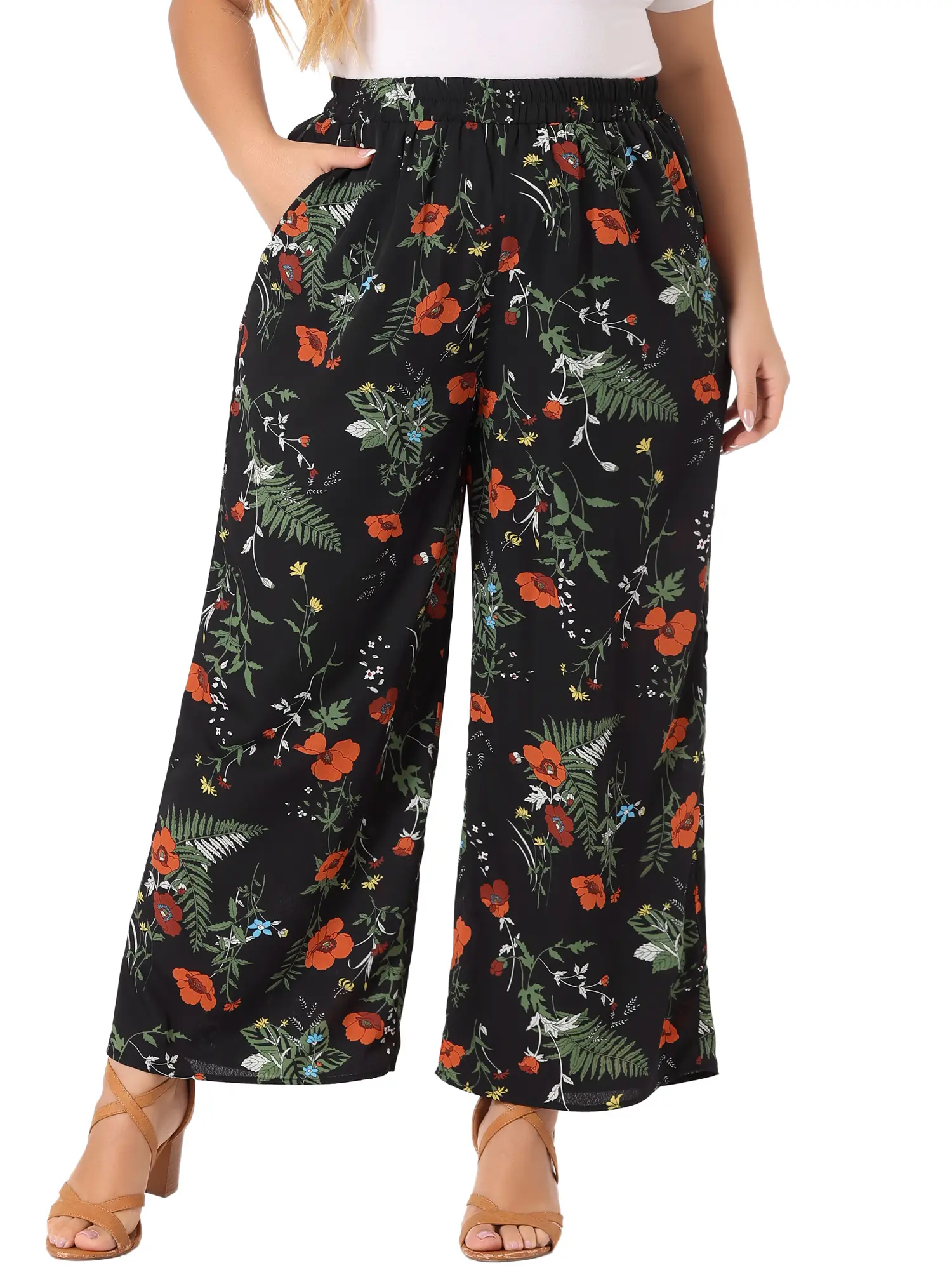 Agnes Orinda Plus Size Palazzo Chiffon Floral Boho High Waist Wide Leg Pants
