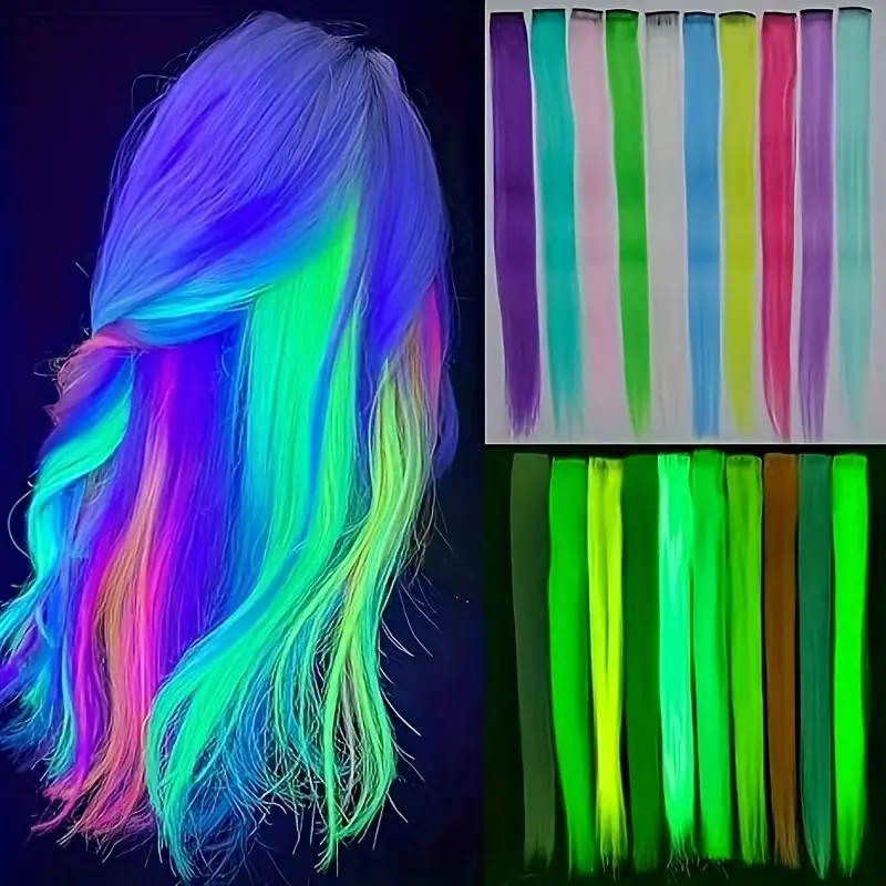 ZIHAN 10 Pcs 22in Glow-in-Dark Clip-in Extensions Hair, UV-Reactive Colorful Synthetic Straight Hair Extensions, Synthetic Hairpiece Accessories for Women summerwins