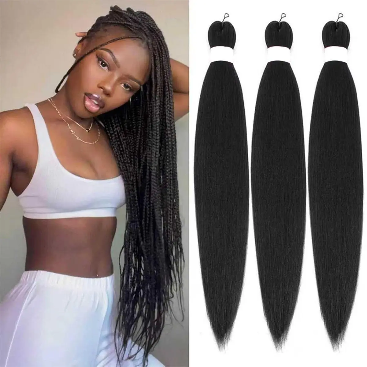 Pre Stretched Braiding Hair Crochet Hair for Black Women 26 Inch 3 Packs Braiding Hair Extensions Hot Water Setting Synthetic Hair Pre Stretched Crochet Braids Hair (1B, 26 Inch)