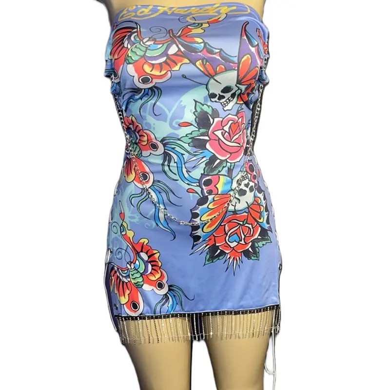 Ed Hardy Dresses - Blue Skirt with Colorful Tattoo and Fish Design for Ed Hardy Fashion Enthusiasts