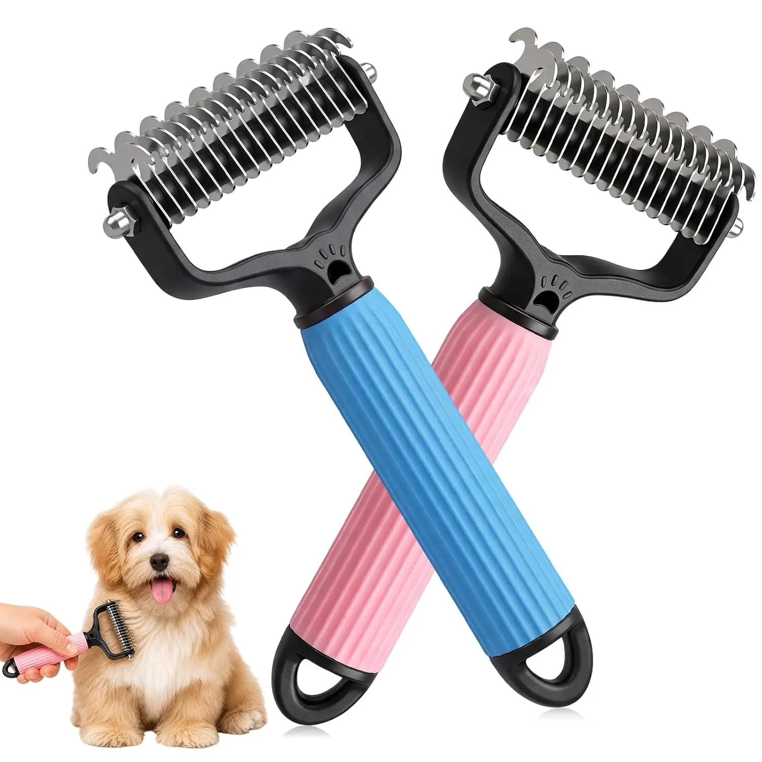 Double Sided Dematting Comb for Cats & Dogs, Undercoat Rake, Pet Grooming Brush for Long Hair, Deshedding Dog Brush Removes Tangles Knots and Loose Fur, Grooming Tool for Thick Coats
