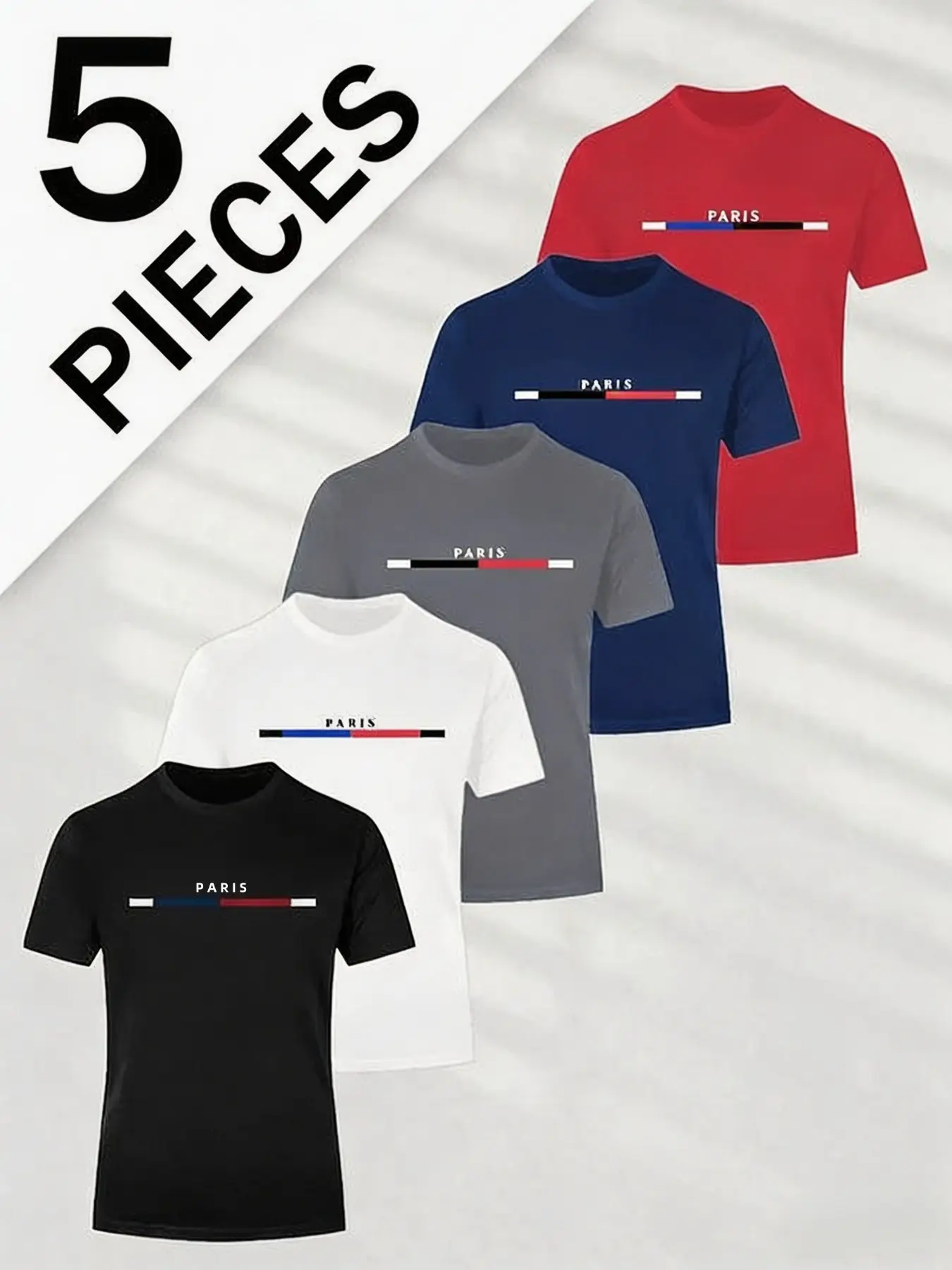 5-Piece Men's Daily Casual Short-Sleeved Crew Neck T-Shirts, Round Neck, Breathable and Lightweight, Suitable for Summer Sports and Leisure, Comfortable Stretch Fabric Tops, Menswear