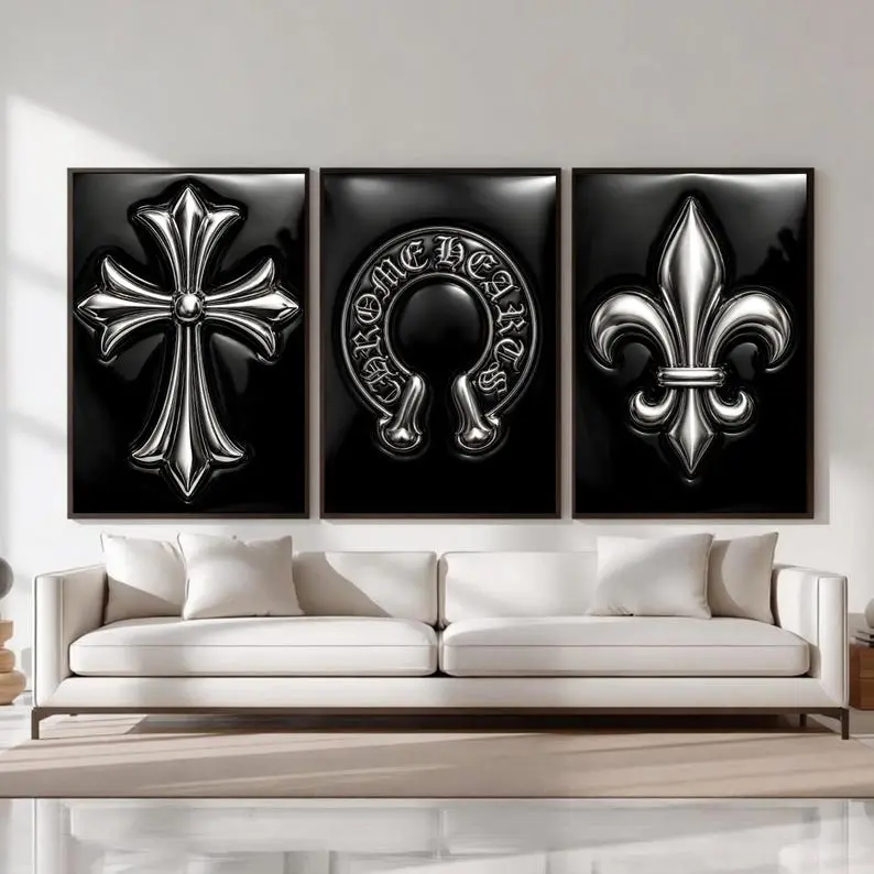 Chrome Hearts Hypebeast Wall Art Poster Print Unframed Set of 3, Black Silver Gothic Cross Art, Horseshoe Print, Fleur De Lis Luxury Y2K Room Decor
