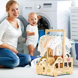Wooden Toy Storage Cart with Rod and Open Shelves, Multi-Functional Baby Room, Playroom Kidsroom Organizer for Clothes, Toys & Snacks, Durable Modern Design Essential