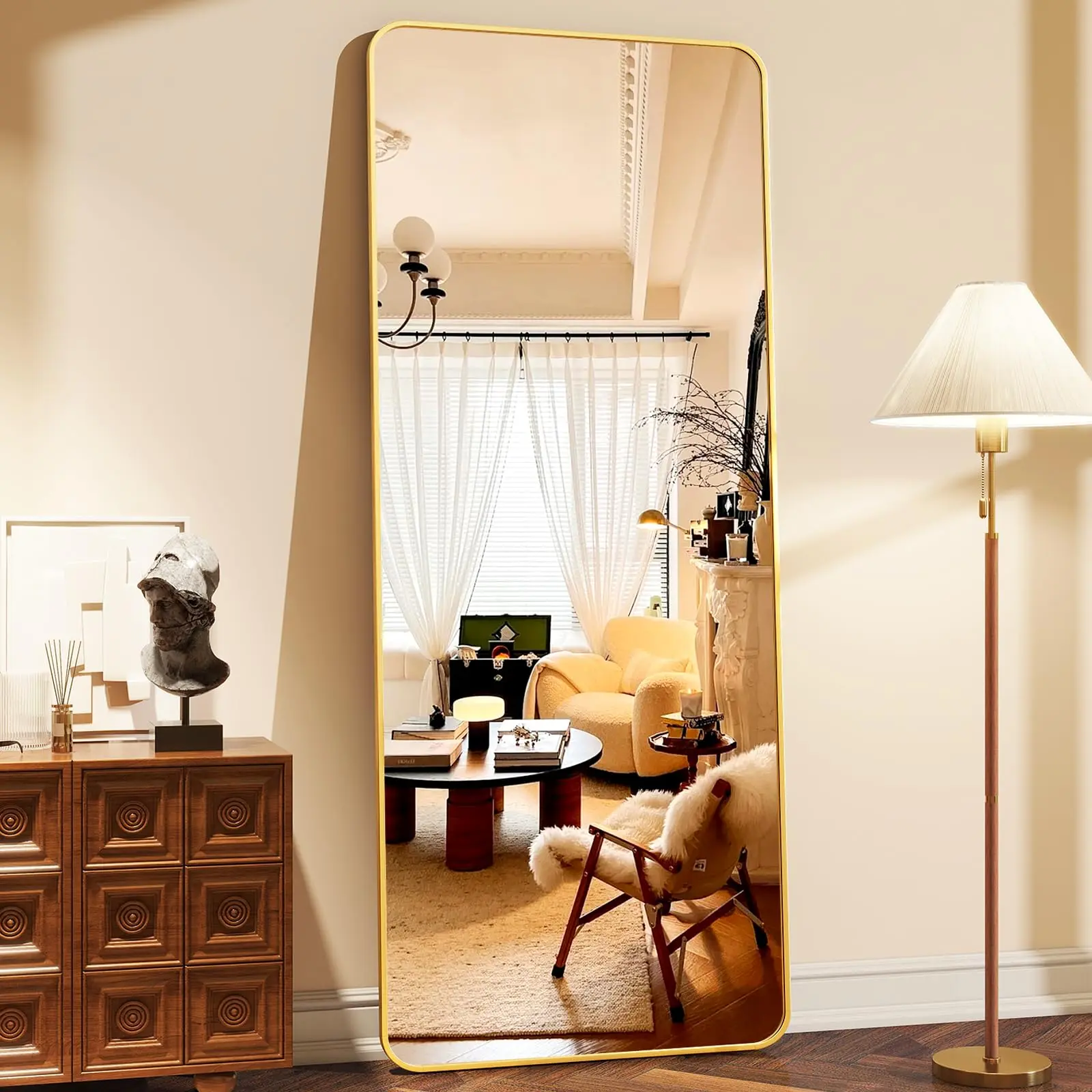 64"x21" Full Length Door Mirror, Rounded Corner Rectangular, Standing & Wall-Mounted, Ideal for Bedroom, Living Room Home Decorations Supplies