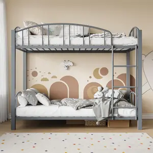 【GARVEE】Twin Over Twin Bunk Bed with Stairs and Arched Guardrail, Sturdy Metal Slats for Support, Space-Saving Design, Noise-Free, No Box Spring Needed, Ideal for Dorm Rooms, Matte Gray Finish