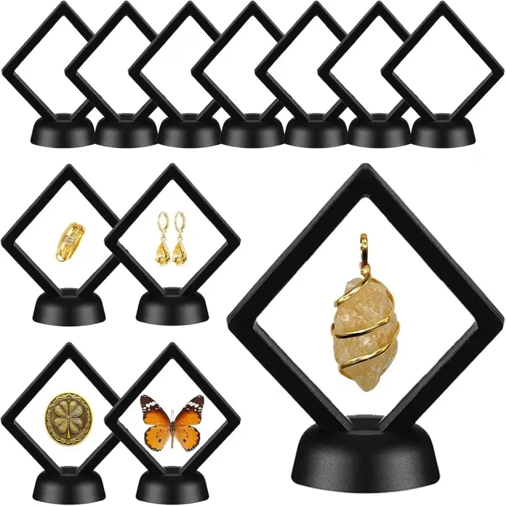 12 Piece Floating Display Case Set, Black 3D Suspension Frames with Round Stands for Jewelry, Challenge Coins & Medals