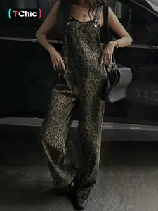 Women's Casual One-Piece Suspender Vintage Leopard Print Long Pants, Stylish and Comfortable, Perfect for Daily Wear