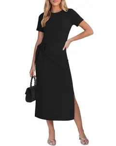 GRAPENT French Minimalist Chic Midi Dress | Cotton Blend T-Shirt Dress with Side Split & Self Tie Waist | Effortless Elegant Summer Vacation Outfit for Women summervibes, Shortsleeve, Elegant Dresses For Women