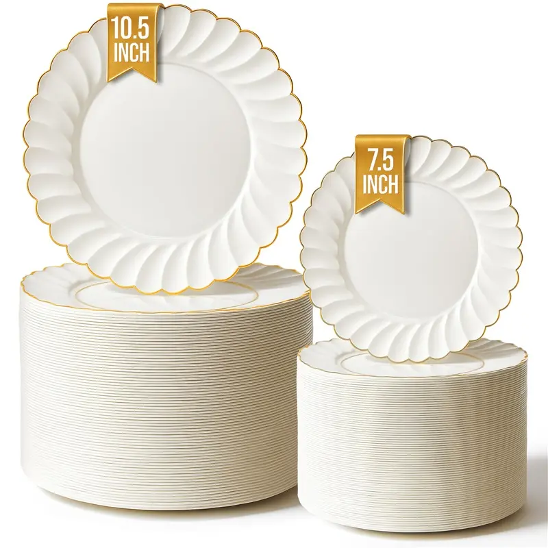 Scalloped Ivory and Gold Plates (100 Pack)