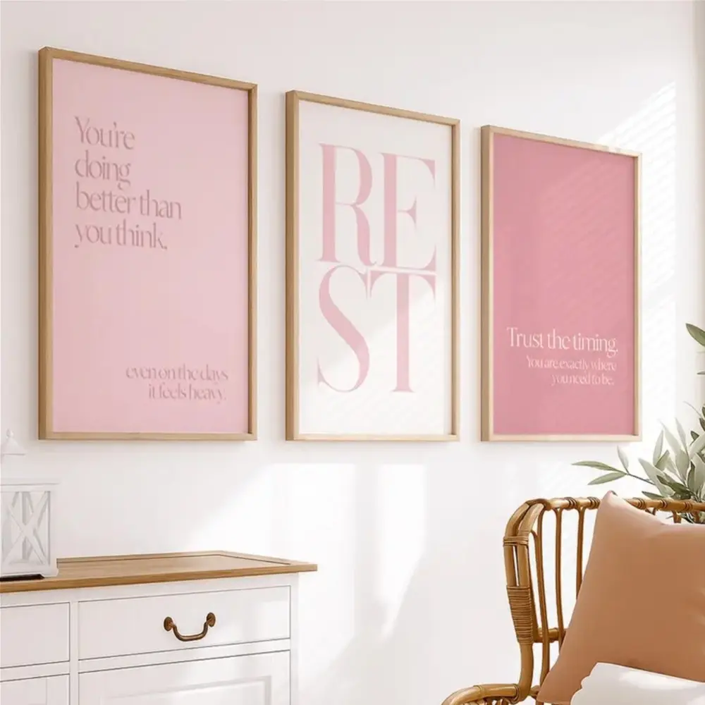 3 Pieces Pink Rest Quote Minimalist Canvas Art, Gentle Text Wall Mural, Cozy Home Art, Minimalist Gallery Decor, Soft Tone Painting, Aesthetic Wall Decor, Wall Decor for Living Room and Bedroom, Framed or Unframed, Decoration Items