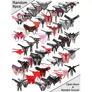 9pcs - Wedding season Women's crotchless thong and thong with beaded openwork lace adjustable waistband with bow red and black series - assorted styles newlywed honeymoon gift