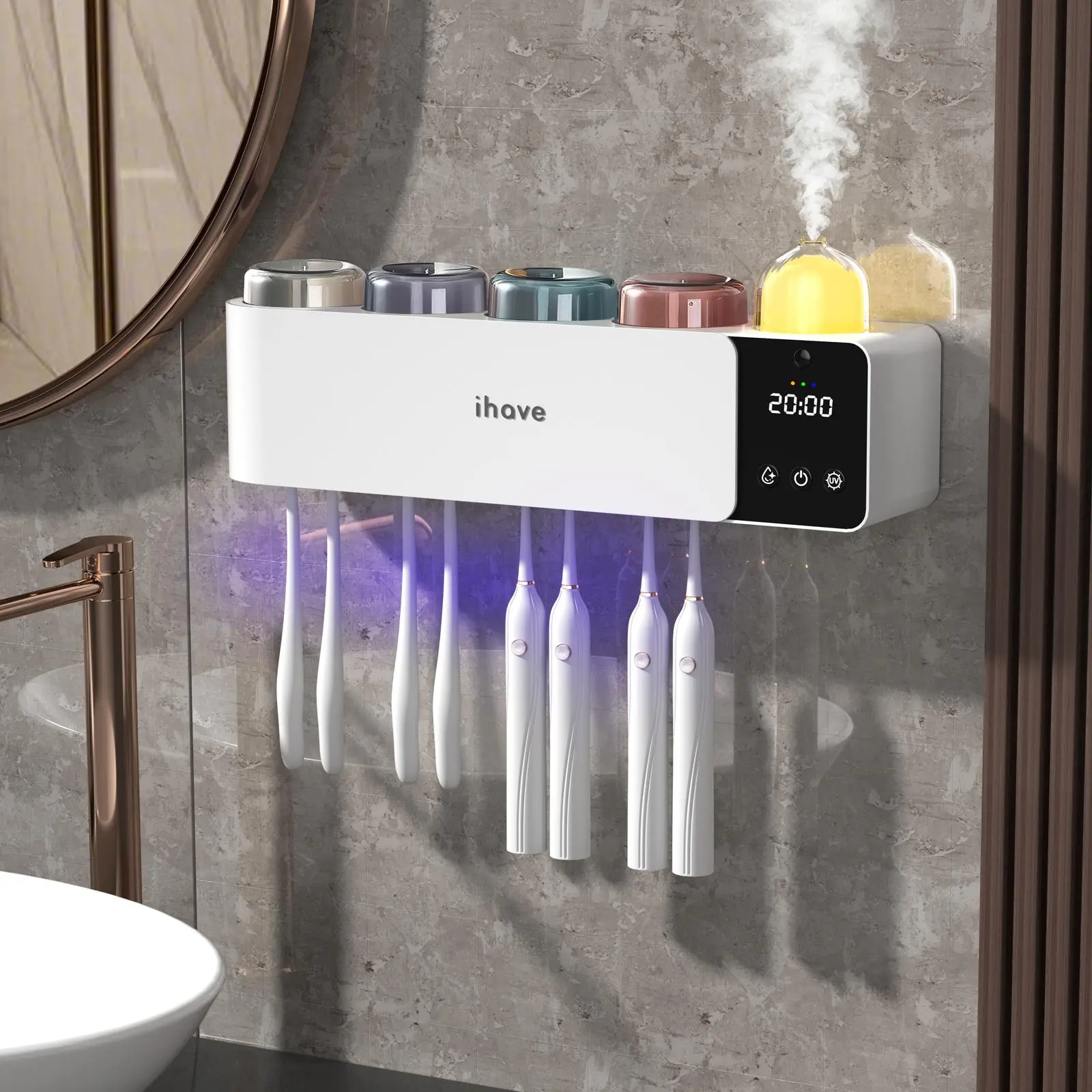 IHAVE Wall-Mounted Toothbrush Holder with UV Sanitizer, Aromatherapy Diffuser, Night Light, Clock, Turbo Air Heated Drying & Cups - Bathroom Home Organizer Supplies