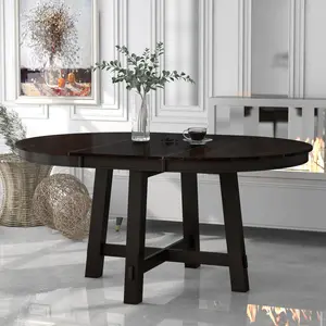 Farmhouse Round Extendable Dining Table with 16" Leaf Wood Kitchen Table (Espresso)    RR