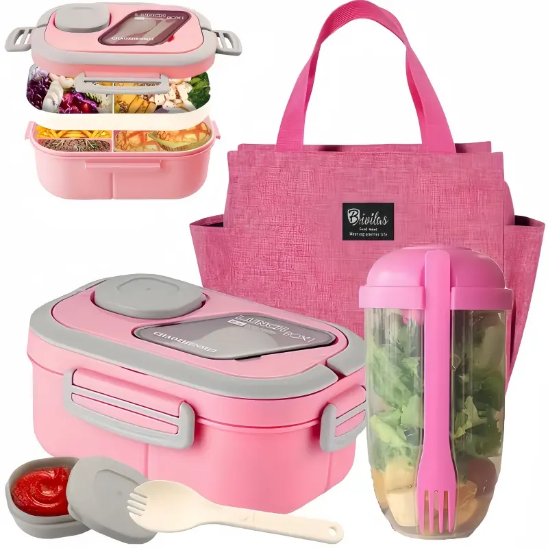 2-Layer Multi-Grid Lunch Box Set, Leakproof Insulated Travel Lunchbox, Bento Boxes with Cup & Lunch Bag, Ideal for School, Office, Outdoor Picnics, Food Storage Container, Insulated Compartment