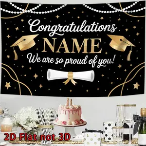 1PC,2D Flat Backdrop Custom Name Graduation Congratulations Backdrop, Personalized Grad Party Decor with Grad Caps & Diploma, Commemorative Celebration Wall Hanging for Graduation Events, Exclusive Pa