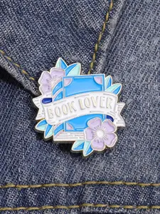 1 Piece Floral Book Lover Design Brooch, Flower Brooch Pin, Floral Pins, Fashion Cute Letter & Flower Decor Alloy Badge For Daily Vacation Holiday Party Gift, Fashion Accessory