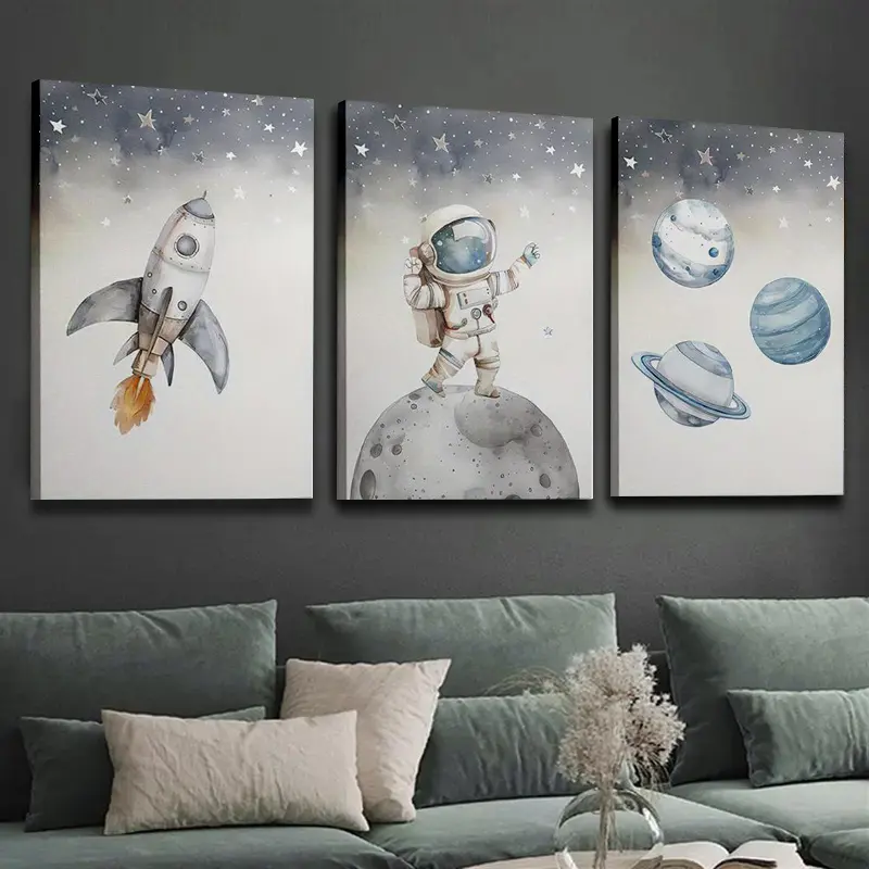 Glossy Waterproof 3-Piece Wooden Picture Frame Set - Cartoon Space Watercolor Artwork, Hanging Kit, Box Included - Minimalist Home Wall Decor for Farmhouse Displays, Back to School/Thanksgiving/Independence Day Gifting, Polka Dot Accent Compatibility, War