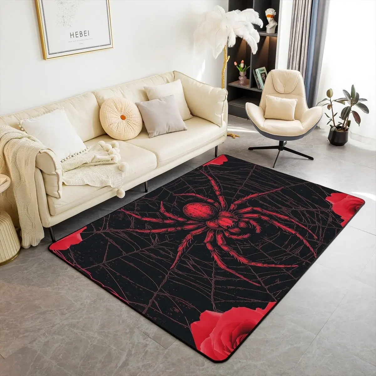 Spider Web Area Rug Red Flower Spider Indoor Floor Mats Entrance Rugs Room Decor,Arachnid Animal Theme Halloween Gothic Non Slip Absorbent Carpets, (Rectangular)