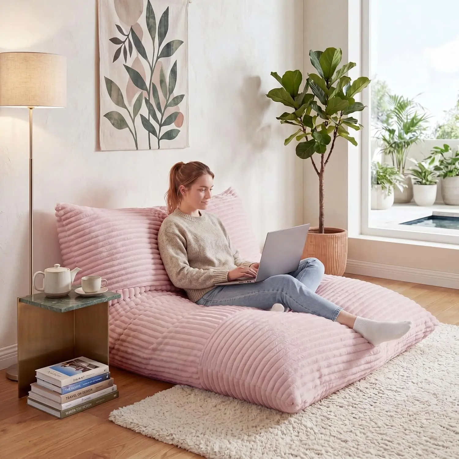 COSTWAY Convertible Bean Bag Chair & Floor Sofa Bed for Adults (Pink) | Machine-Washable Corduroy Cover, Sponge Filling, No Assembly Needed, Lazy Sofa Floor Lounger for Bedroom Living Room Dorm