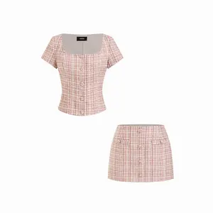 Cider Tweed Square Neck Checks Top & Mid Rise Mini Skirt Set