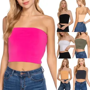 Women's Tube Crop Sexy Basic Solid Casual Strapless Cute Tops Seamless Stretchy Bandeau Summer Outfits