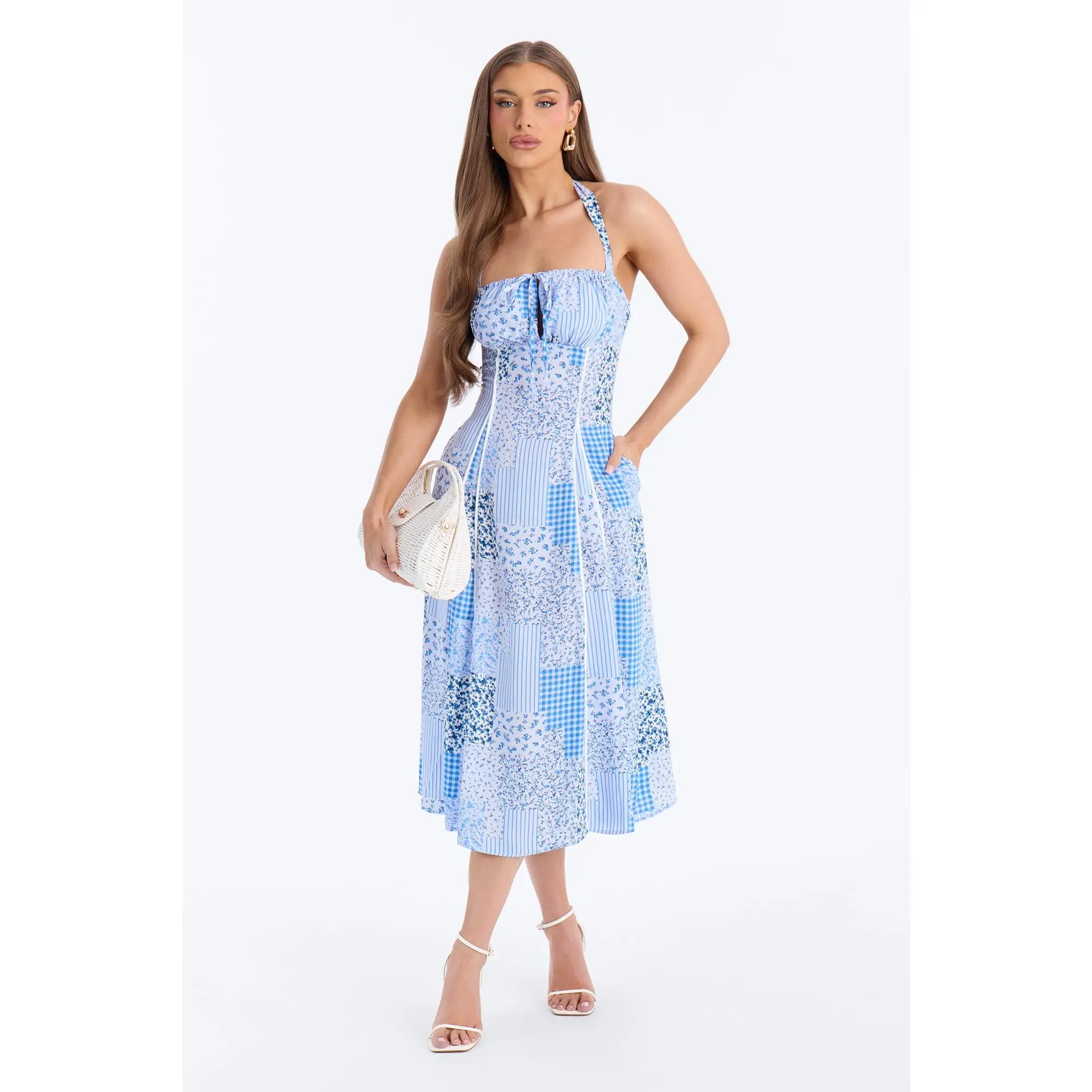 Henley Halter Patchwork Midi Dress - Blue