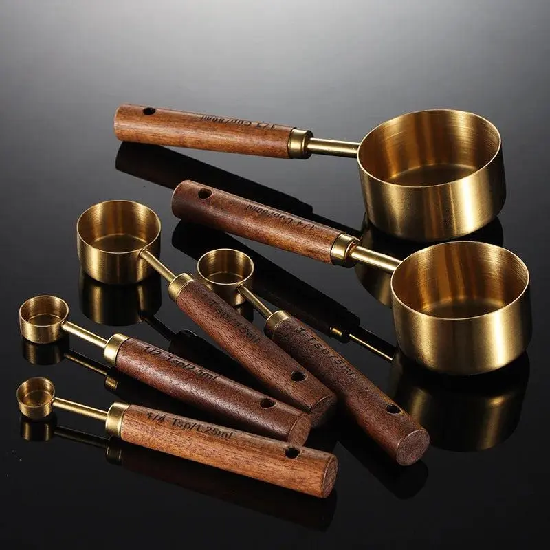 Gold Stainless Steel Measuring Cups and Spoons Set with Walnut Wood Handles