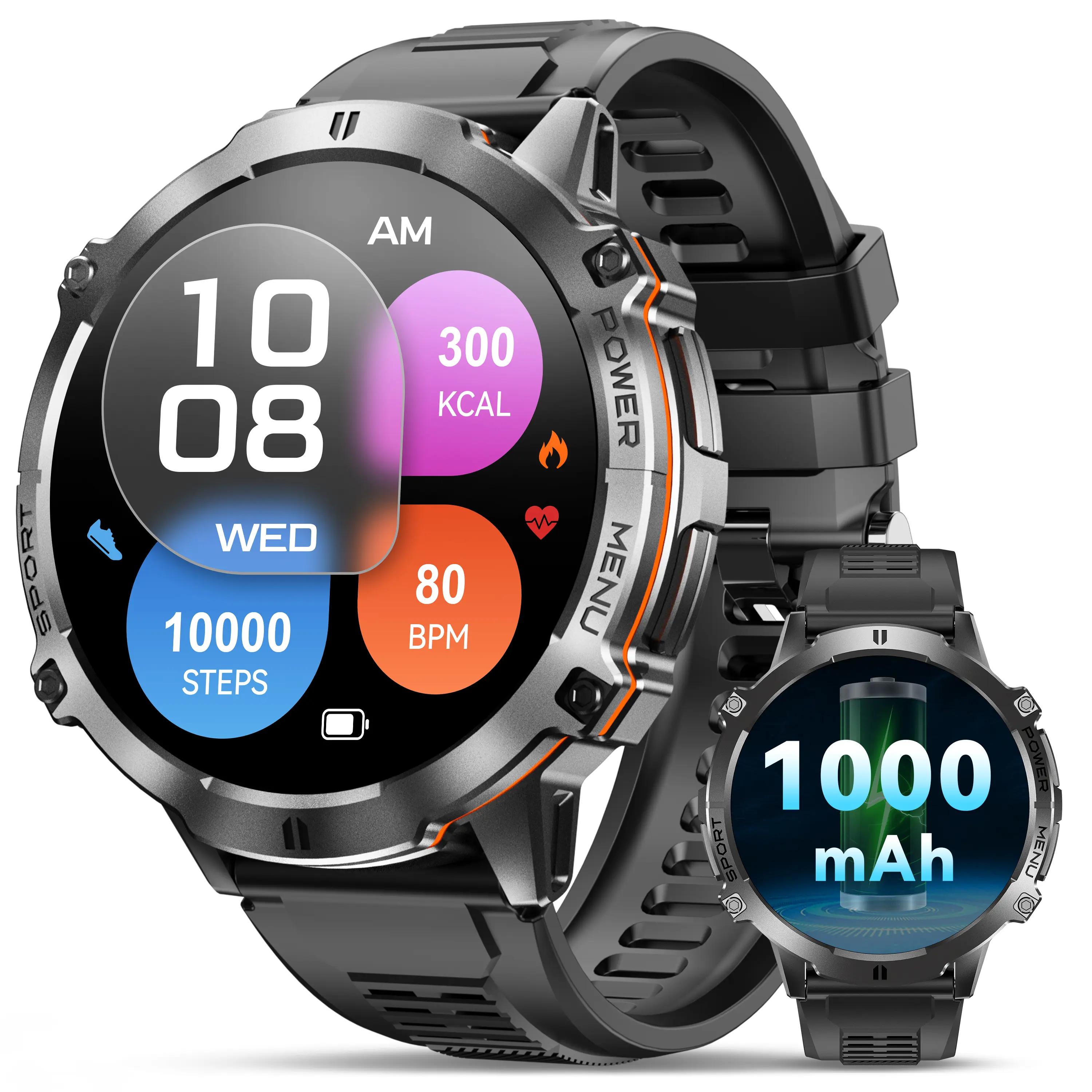 OUKITEL Military Smart Watch for Men - 1.73" AMOLED Screen Waterproof Smartwatch, Wearable Tech, Bluetooth Call, 1000mAh Battery, IP68 Waterproof, Android & iOS Compatible, Calorie Tracker, Heart Rate/SpO2 Monitoring, Compass, Sports Tracking Smartwatch