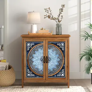 Sophia & William Accent Cabinet with 2 Doors, Farmhouse Decorative Storage Cabinet Vintage Entryway Cabinet Kitchen Small Sideboard Buffet Cabinet, Solid Wood Legs, Black Engraving