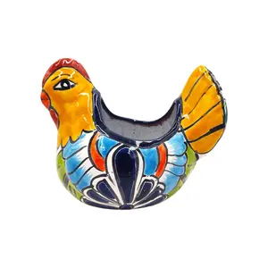 Mexican Talavera Gallina Chica (Small Chicken) Mexican Planter Pot Hand Painted  Décor Hen Planter - Dark Blue Trim