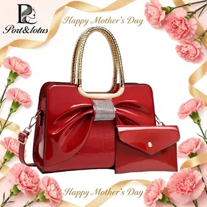 [Mother's Day Gift] Port&Lotus Medium Capacity Elegant Handbags Set for Women, Purses for Women, Trending Purses for 2026, Cute Shoulder Bags, Crossbody Bags, Everyday Bag with Oversized Rhinestone-Embellished Bow & Braided Gold-Tone Handle