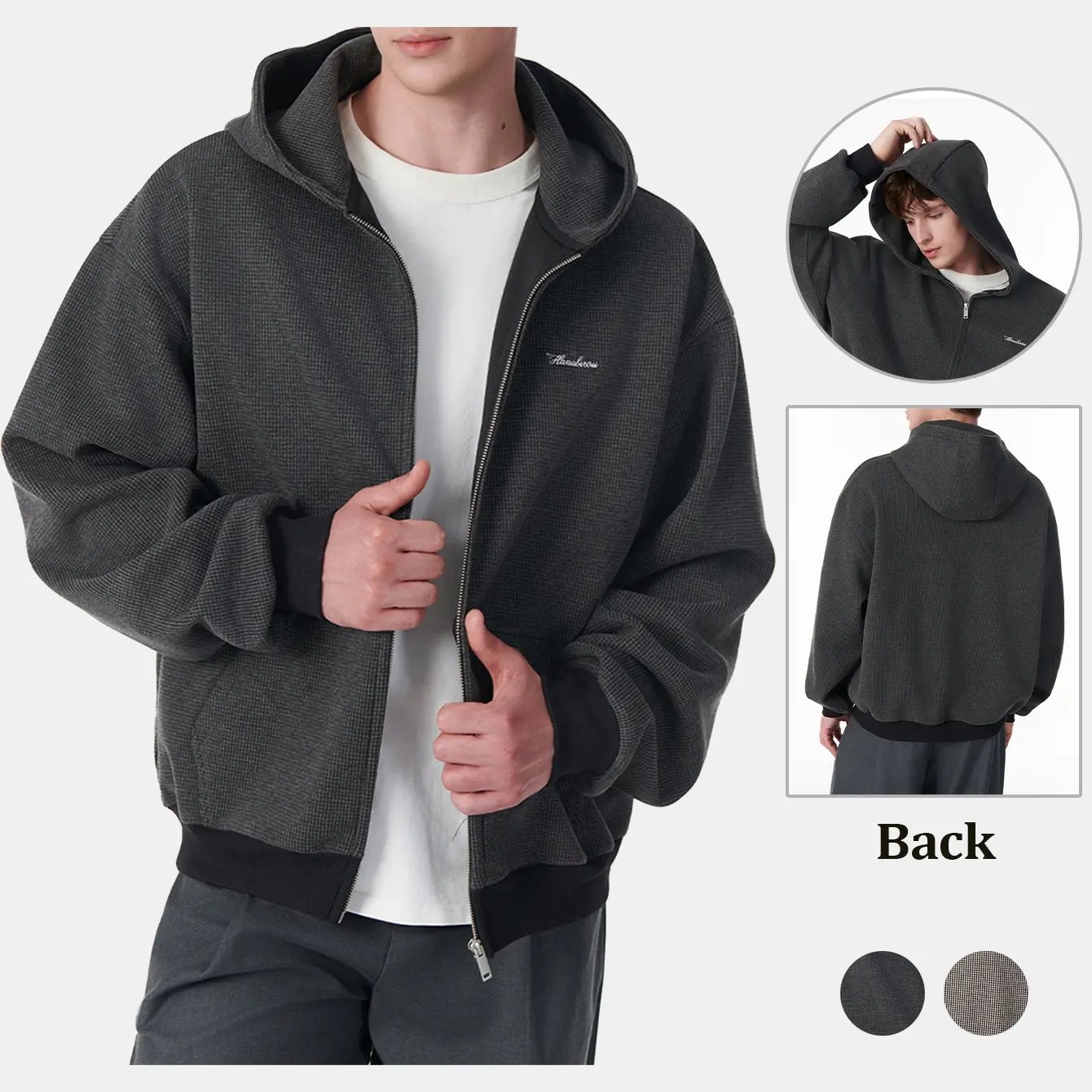 Men's Classic Casual Regular-Fit Short Wide Houndstooth Plaid Zip-Up Front Hooded Overshirt Jacket - Polyester Fabric Menswear Top with Chest Script Embroidery, Rib Cuffs, Rib Hem, Kangaroo Pocket for Spring Autumn Streetwear Look Outerwear