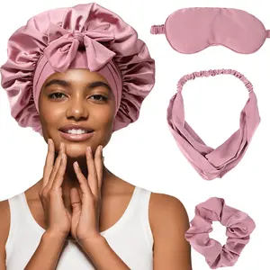 AWAYTR Single Layer Satin Bonnet Eye Mask Hairband and Hair Ring 4Pcs/Set for Women Silk-Like Nightcap for Sleeping with Tie Band Hair Care Sleep Cap TikTokShopBlackFriday