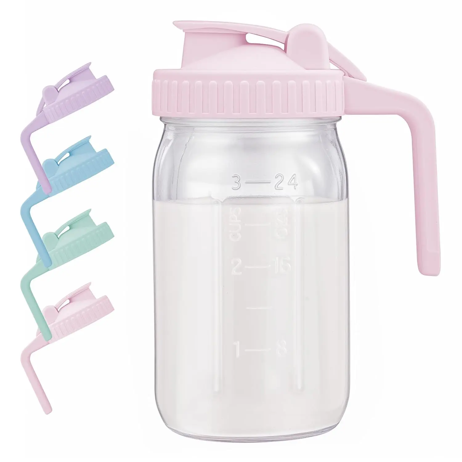 Breast Milk Pitcher with Leak Proof Flip Cap & Pour Spout, 32 oz Wide Mouth Mason Jars for Breast Milk Storage Container, Glass Picther with Lid for Cold Brew Coffee, Sun , Juices, Pink