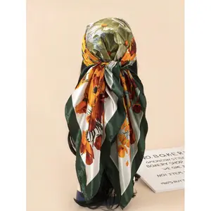1pc Women's 90cm Satin Oil Painting Printed Scarf, Suitable For Daily Use As Headscarf Or Shawl Bandana Headband Fashion Hairband