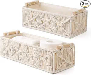 Macrame Storage Baskets Boho Decor Box Handmade Woven Decorative Countertop Toilet Tank Shelf Cabinet Organizer for Bedroom Livingroom Home, Set of 2, Ivory