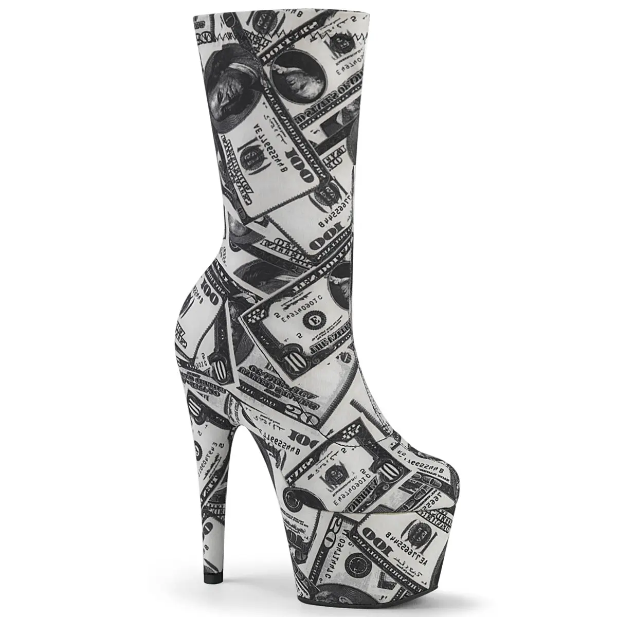 Women's Fashion 7 In Stiletto Sock Boots - High Heel Platform Footwear, ADORE-1002DP Dollar Print Boot, Stretch Sock, Exotic Dancers, Shoe, Stage Wear, Performers, Pull On, Sock-Like Fit