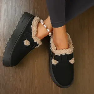 Warm Fuzzy Platform Fleece Slippers for Women Buckle Accent Warm Mini Snow Boots Casual & Cozy Indoor Outdoor Shoes Stylish Punk Clogs Footwear