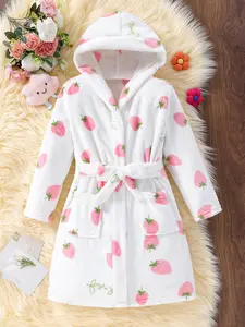 Girls' Strawberry Print Plush Fabric Hooded Neck Robe with Adjustable Belt, Long Sleeves Soft Cozy Kids' Fashion Sleepwear, Ideal Daily Wear Nightgown Alternative