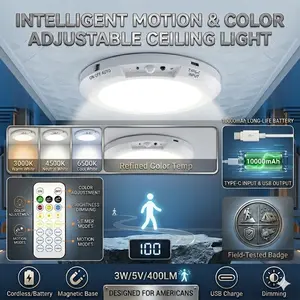 Rechargeable Motion Sensor Ceiling Light with Remote - Magnetic Wireless Battery Powered Ceiling Light for Closet, Shower, Stairs, Shed, Hallway, Porch, Patio etc.